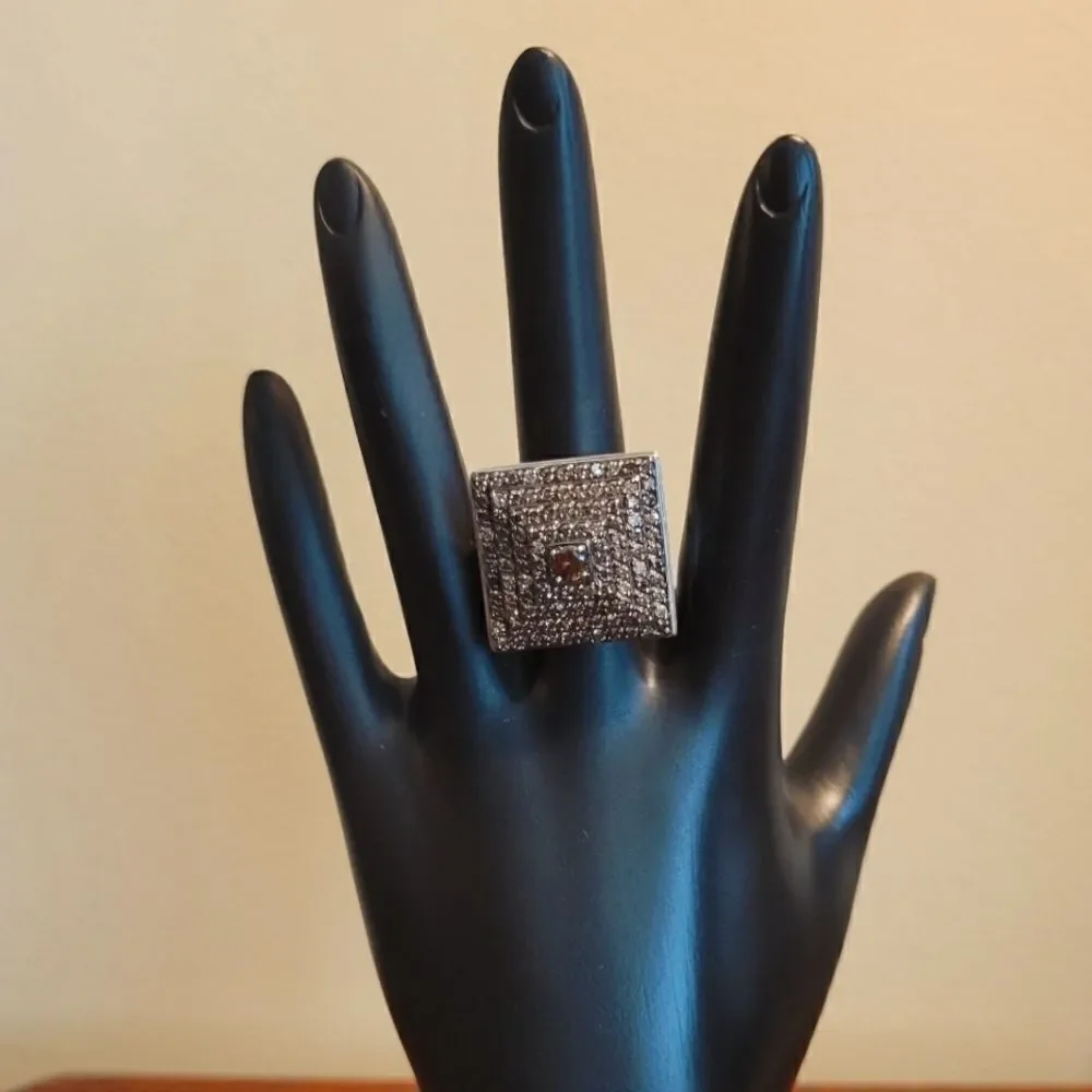 Sterling Silver Ring Pave Set With Chocolate Cubic Zirconia Cocktail Ring Sz.6